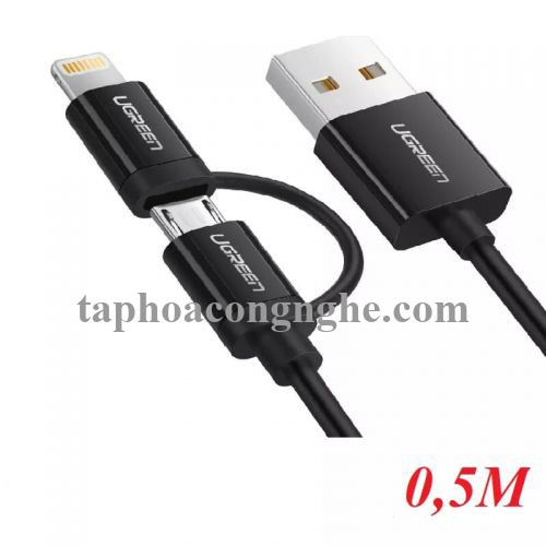 Ugreen 40939 0.5M màu Đen Cáp sạc đa năng USB sang MicroUSB + Lightning US178 30040939